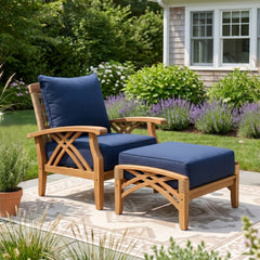 Carmel Teak Wood Outdoor Lounge Chair with Ottoman Navy Cushions