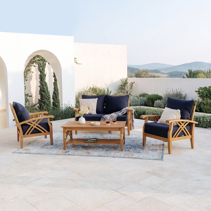 Carmel 4 Piece Teak Wood Patio Conversation Set with Navy Cushions