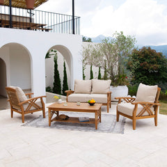 Carmel 4 Piece Teak Wood Patio Conversation Set with Tan Cushion