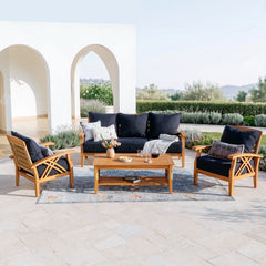 Carmel 4 Piece Teak Wood Patio Conversation Set with Honey Twist Wicker & Navy Cushions