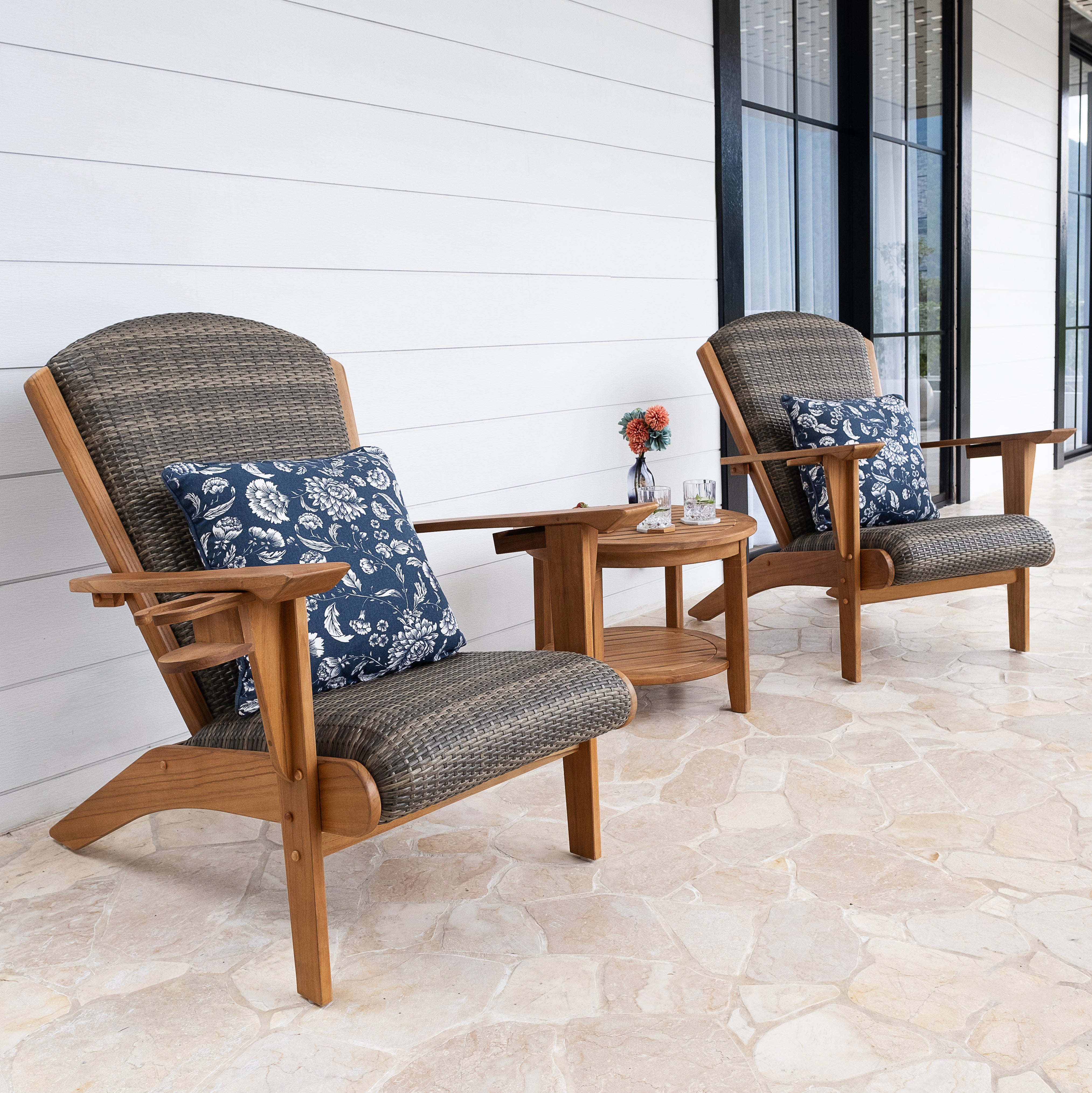 Camden 3 Piece Teak Outdoor Concersation Set with Padded Woven Seat – FREE Furniture Cover
