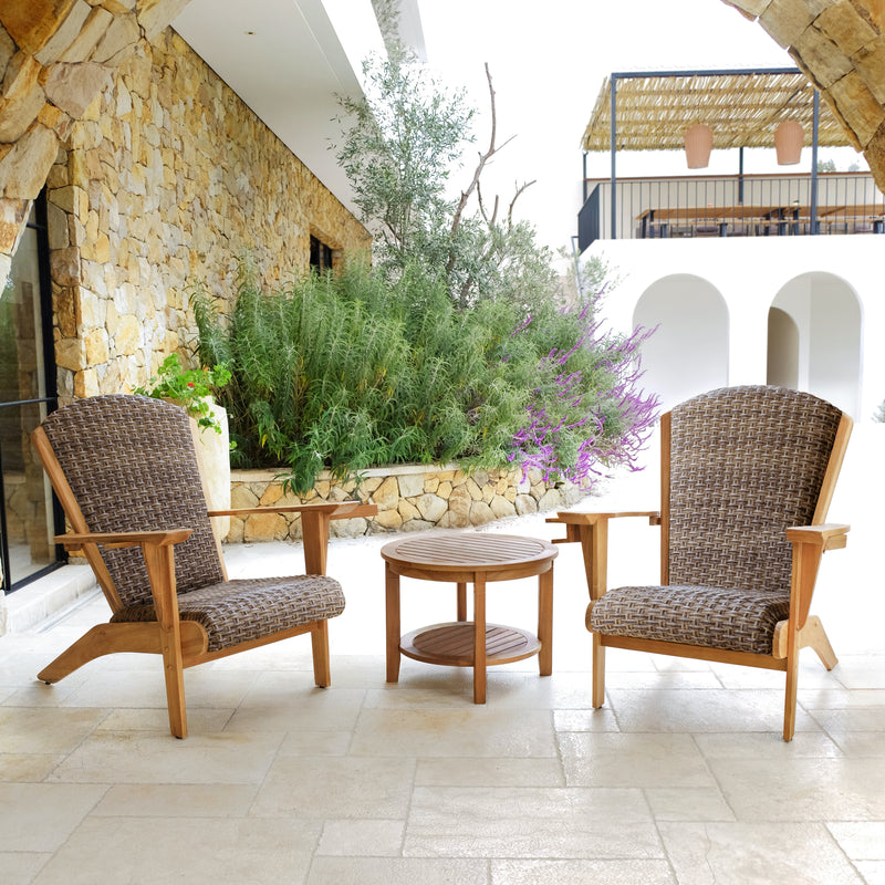 Camden 3 Piece Teak Wood Patio Conversation Set with Gray Padded Wide Woven Seat – FREE Furniture Cover - Cambridge Casual