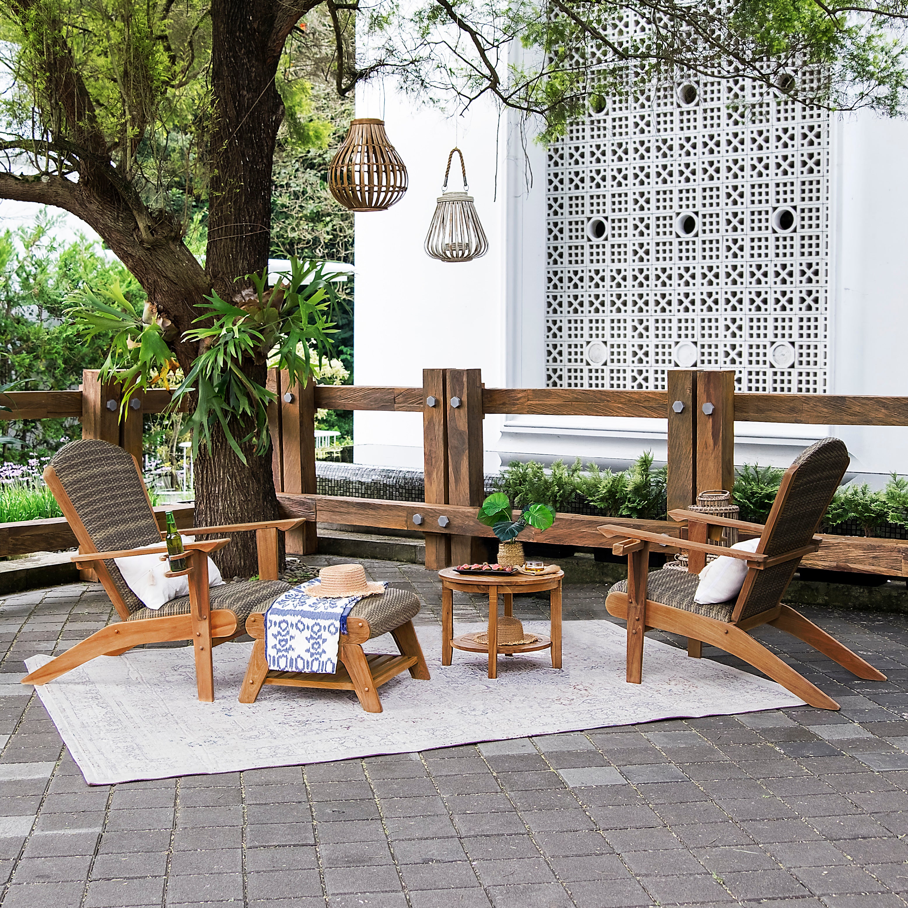 Camden 4 Piece Teak Outdoor Concersation Set with Padded Woven Seat – FREE Furniture Cover
