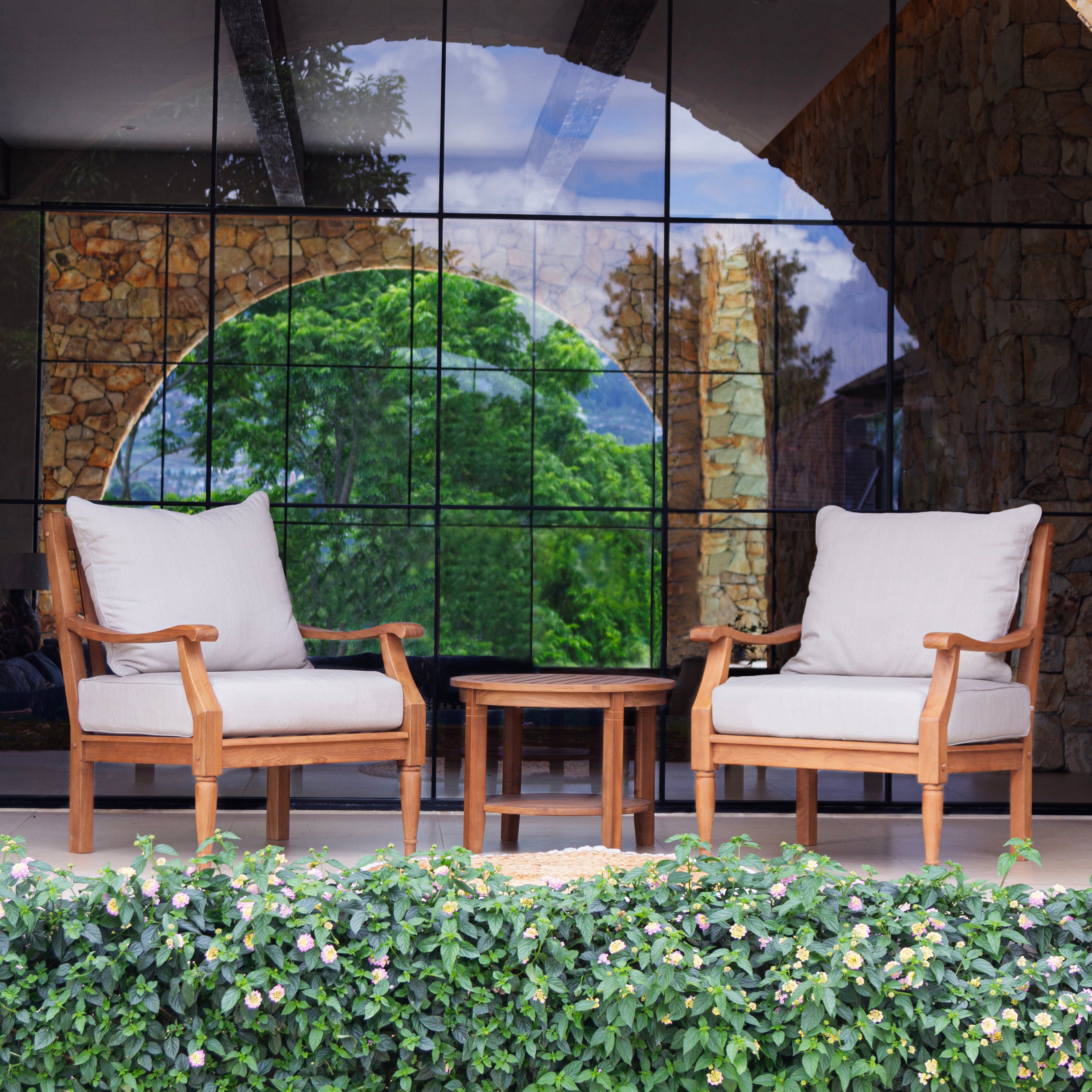 Livingston Teak Wood 3 Piece Patio Conversation Set with Beige Cushion