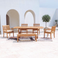 Mosko Teak Wood 6 Piece Outdoor Dining Set with Backless Bench & Taupe Black Piping Seatpad