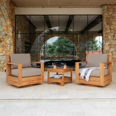 Logan Teak Wood 3 Piece Patio Conversation Set with Sunbrella Cast Shale Cushion
