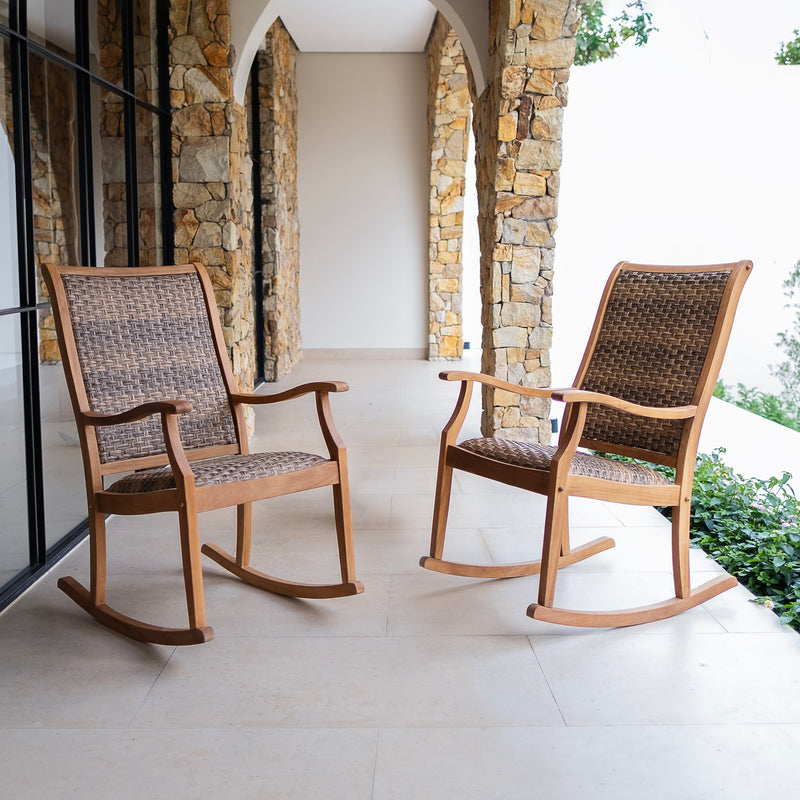Dunham 2 Piece Teak Wood Outdoor Rocking Chair with Padded Woven Seat - Cambridge Casual