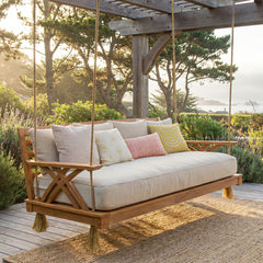 Carmel Teak Wood Outdoor Swing Daybed with Tan Cushion