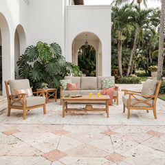 Abbington Teak Wood 5 Piece Patio Conversation Set with Beige Cushion
