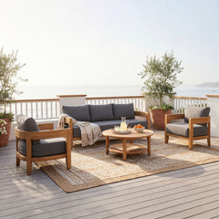 Harper Teak Wood Outdoor 4 Piece Conversation Set with Gray Cushion