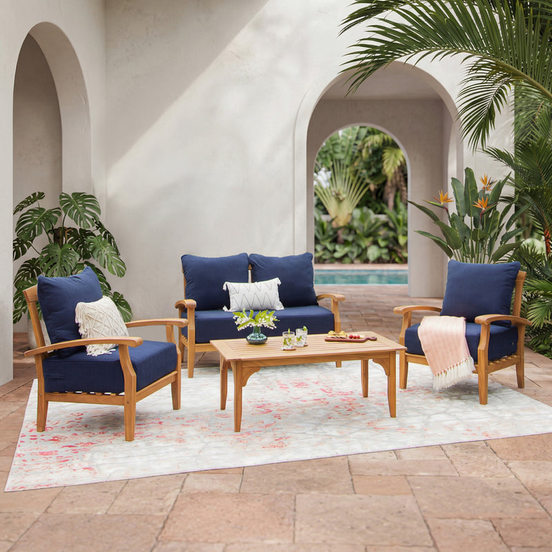 Caterina Teak Wood 4 Piece Patio Conversation Set with Navy Cushion