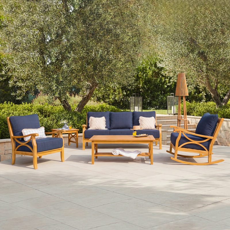 Abbington 5 Piece Teak Wood Patio Conversation Set with Navy Cushion