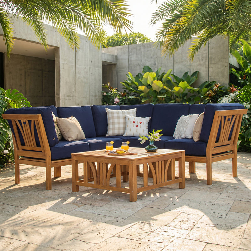 Abbington Teak Wood 6 Pieces Patio Sectional Set with Navy Cushion