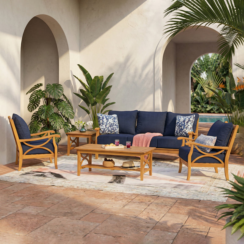 Abbington Teak Wood 5 Piece Patio Conversation Set with Navy Cushion