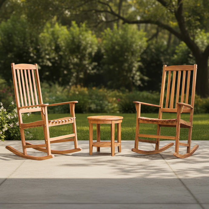 Plano Teak Wood 3 Piece Patio Rocking Conversation Set