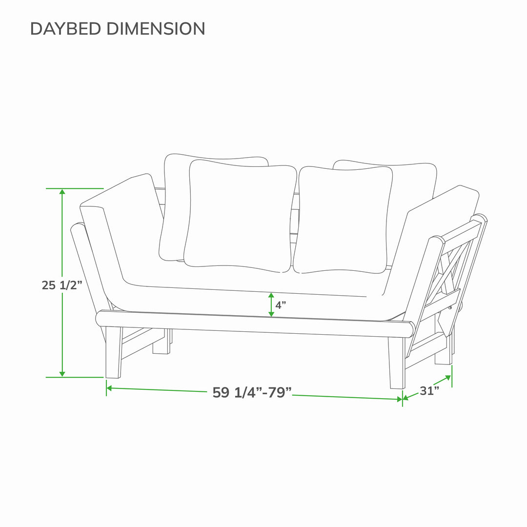 [DIMENSIONS] Dimension Carlota Mahogany Wood Outdoor Convertible Sofa Daybed with Gray Cushion - Cambridge Casual