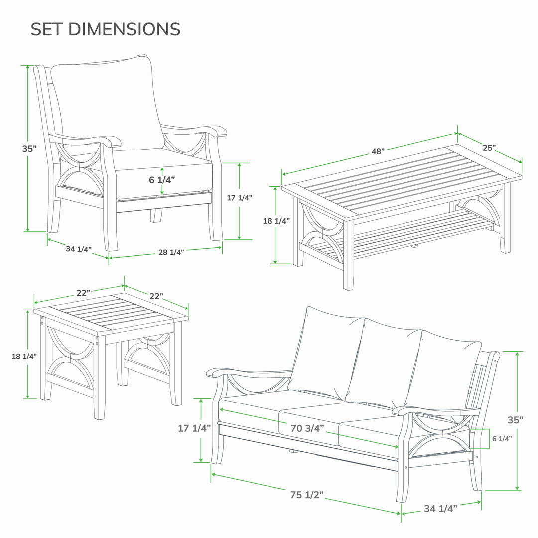 [DIMENSIONS] Abbington 5 Pieces Teak Wood Patio Conversation Set - Cambridge Casual