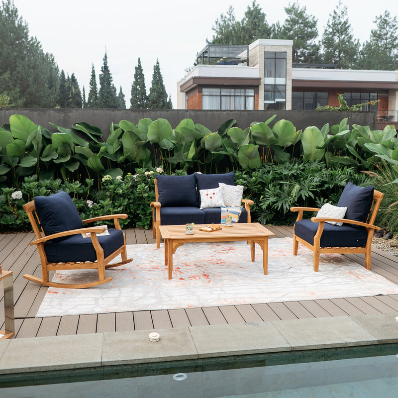 Caterina 4 Piece Teak Wood Patio Conversation Set with Navy Cushion
