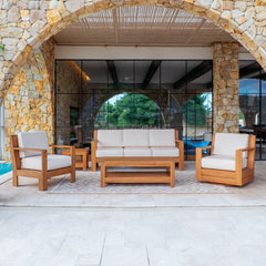 Logan 5 Piece Teak Wood Patio Conversation Set with Sunbrella Vellum Cushion