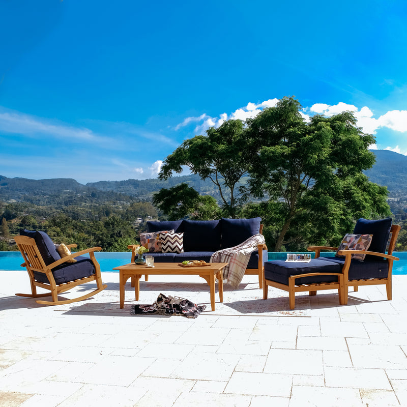 Caterina Teak Wood 5 Piece Patio Conversation Set with Navy Cushion