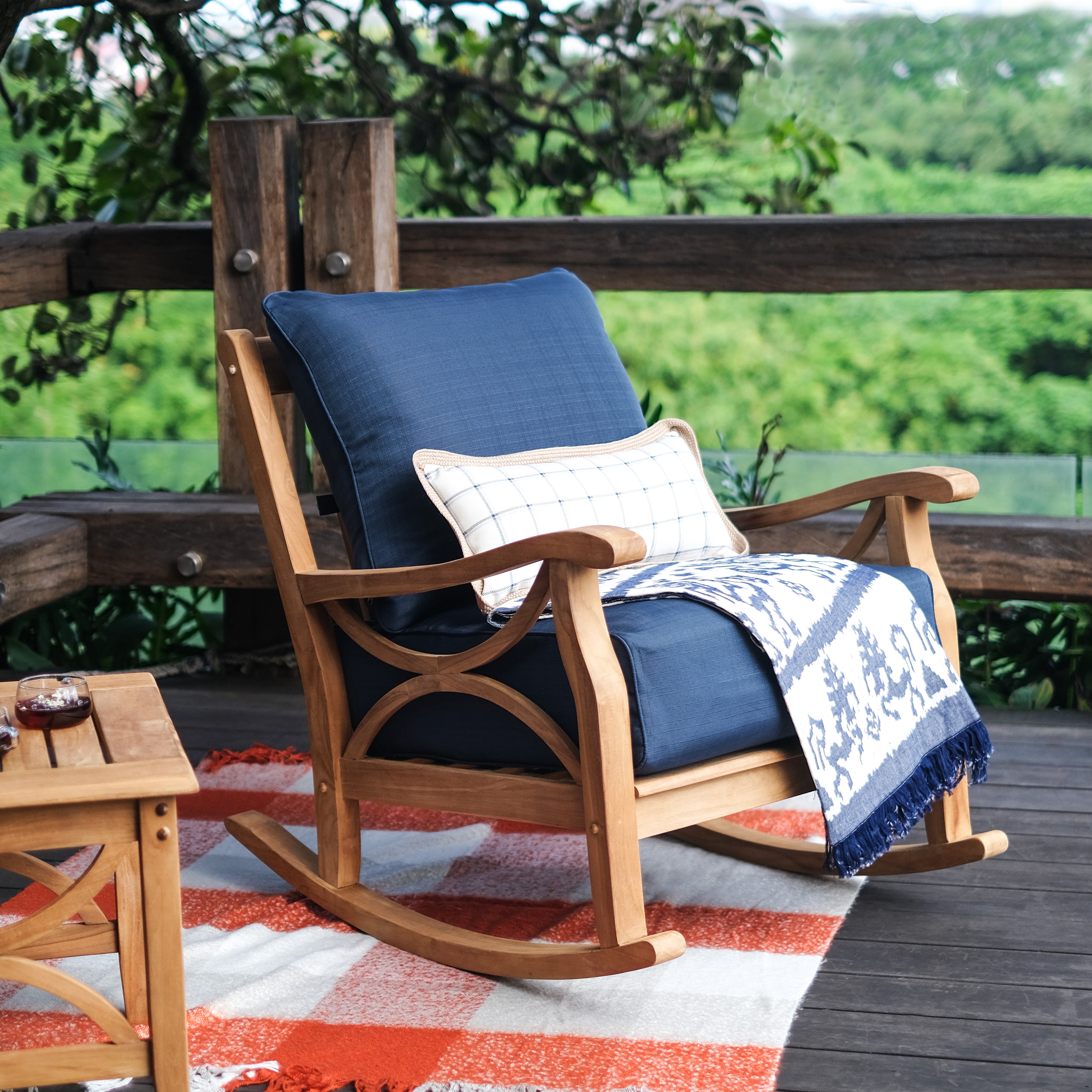 Abbington Teak Wood Outdoor Rocking Chair with Navy Cushion