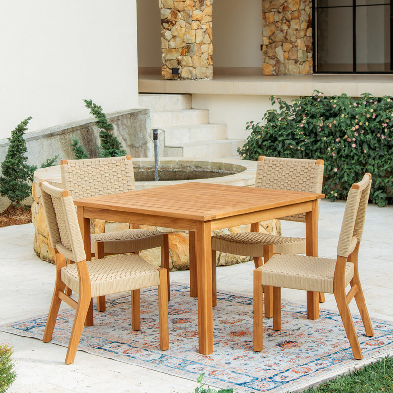 Eden Teak Wood 5 Piece Outdoor Dining Set with Tan Polyrope