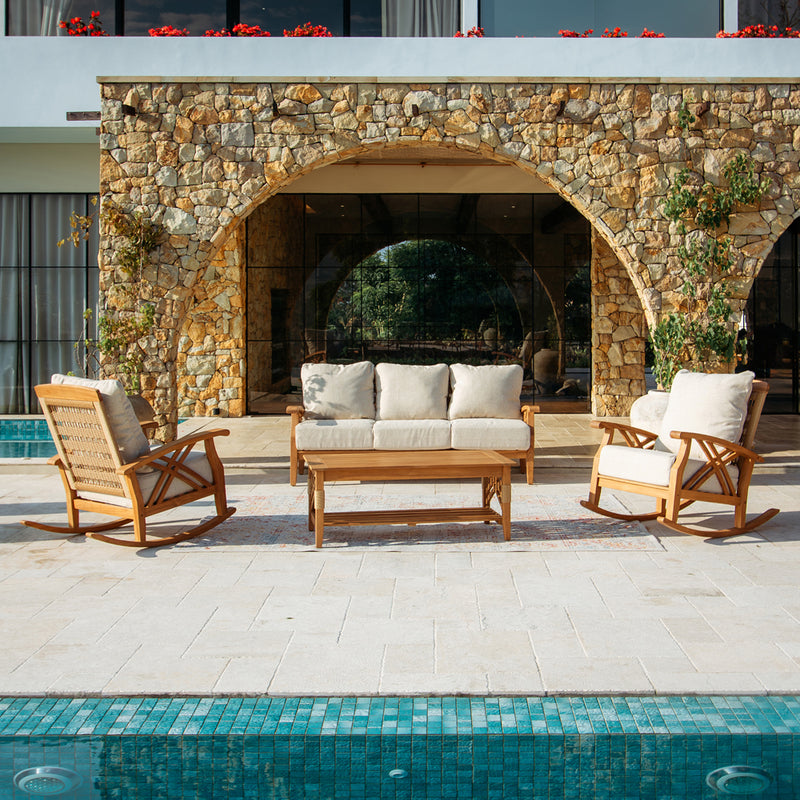 Carmel Teak Wood 4 Piece Outdoor Conversation Set with Tan Cushion