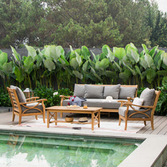 Abbington Solid Teak Wood 4 Piece Patio Conversation Set with Gray Cushion