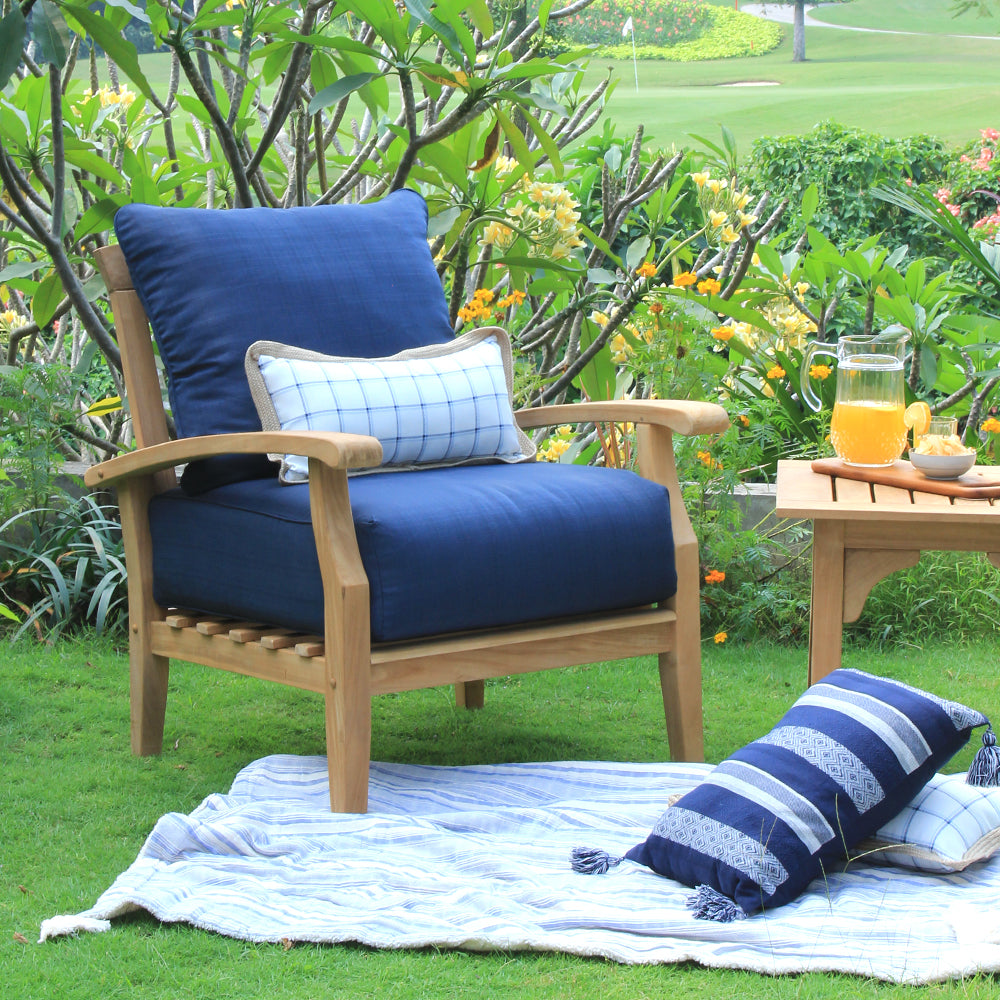 [DETAILS] Caterina Teak Wood Patio Lounge Chair with Navy Cushion