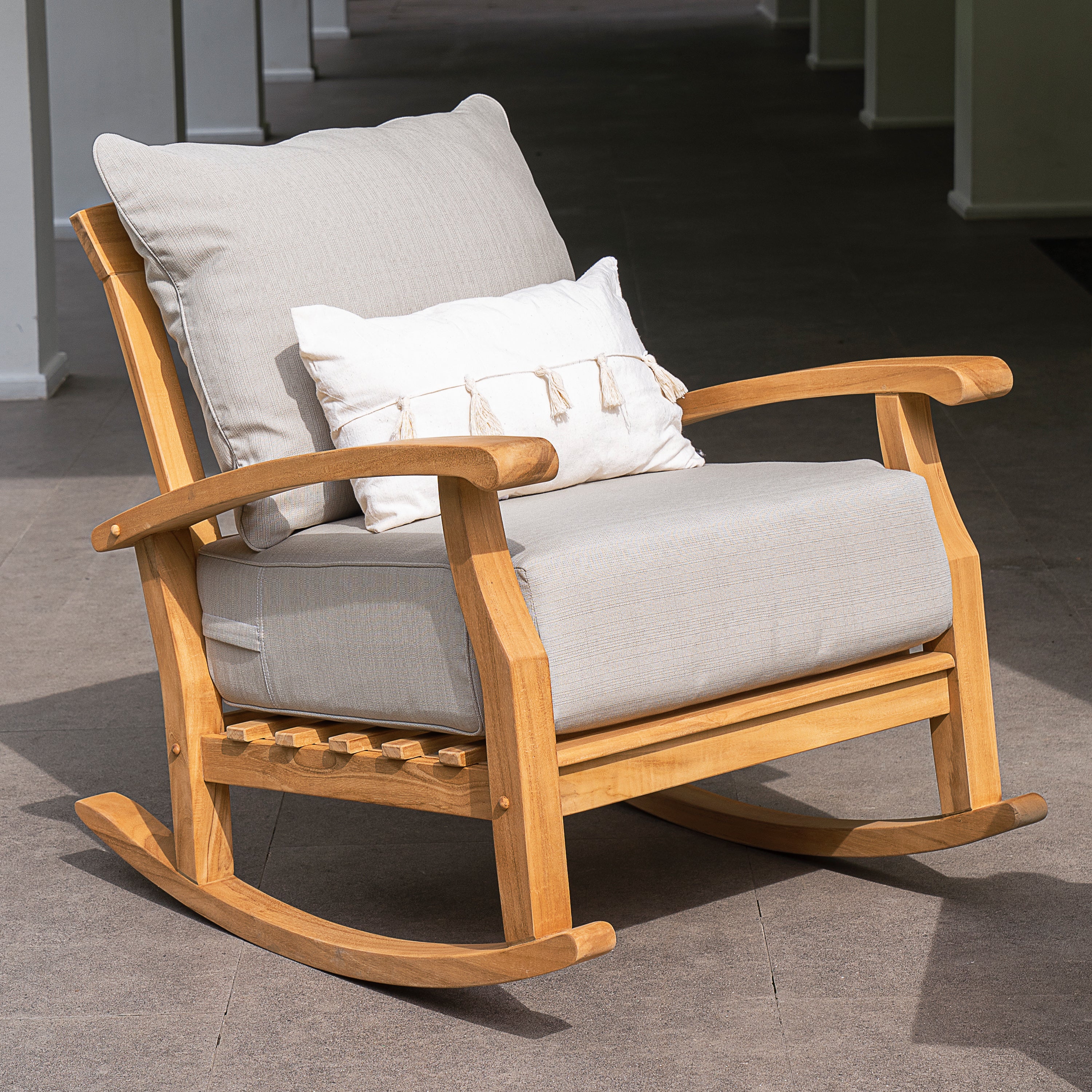 Caterina Teak Wood Outdoor Rocking Chair with Beige Cushion