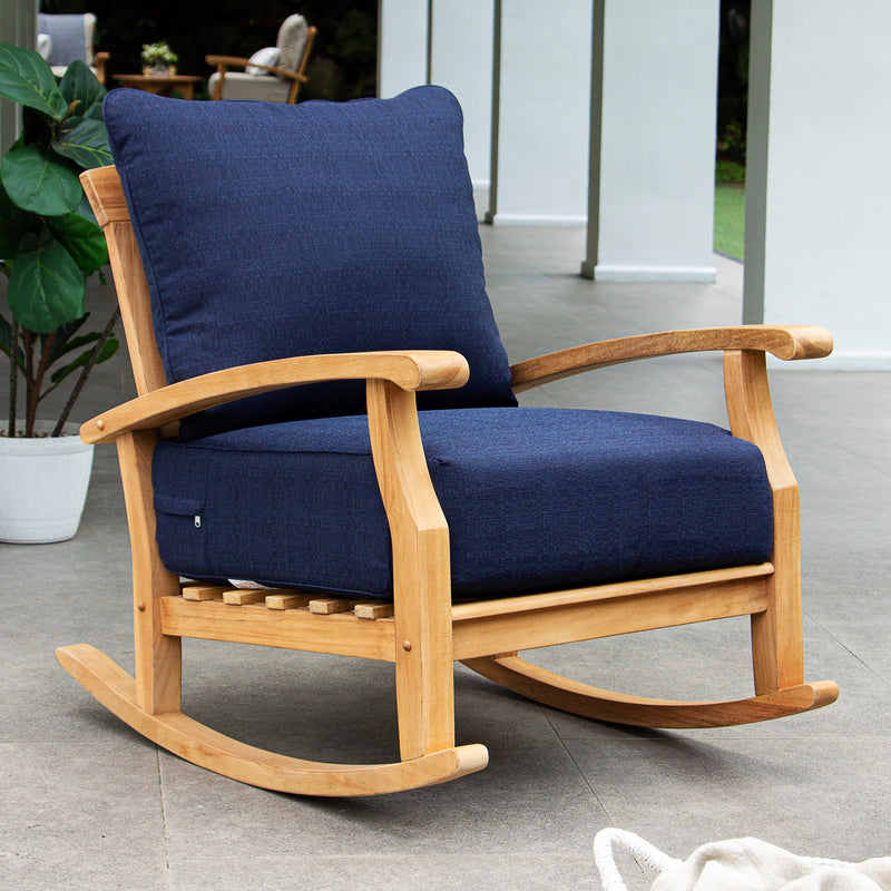 Caterina Teak Wood Outdoor Rocking Chair with Navy Cushion - Cambridge Casual