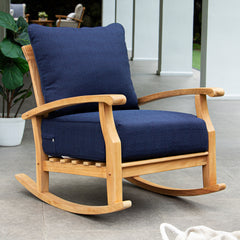 Caterina Teak Wood Outdoor Rocking Chair with Navy Cushion