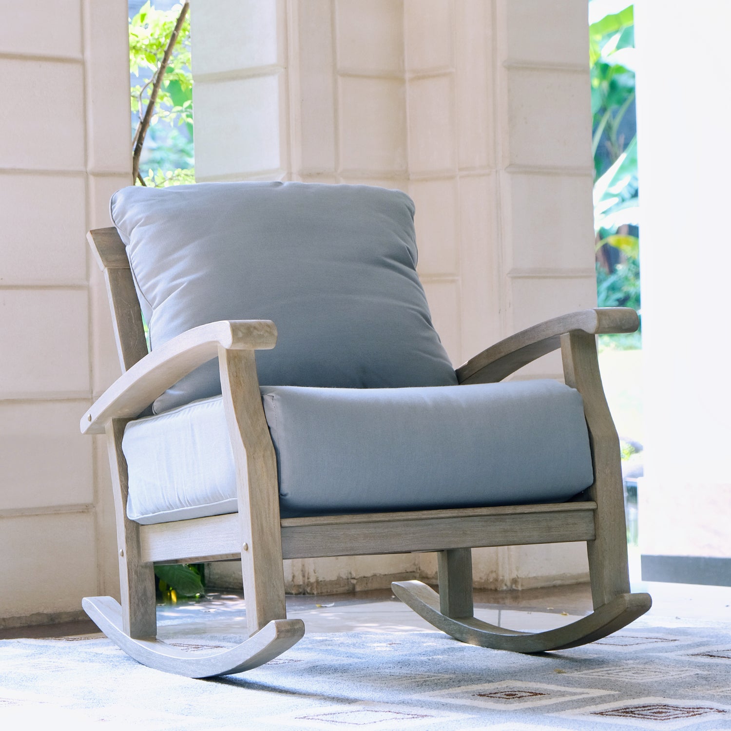Caterina Weathered Teak Wood Outdoor Rocking Chair with Blue Spruce Cushion