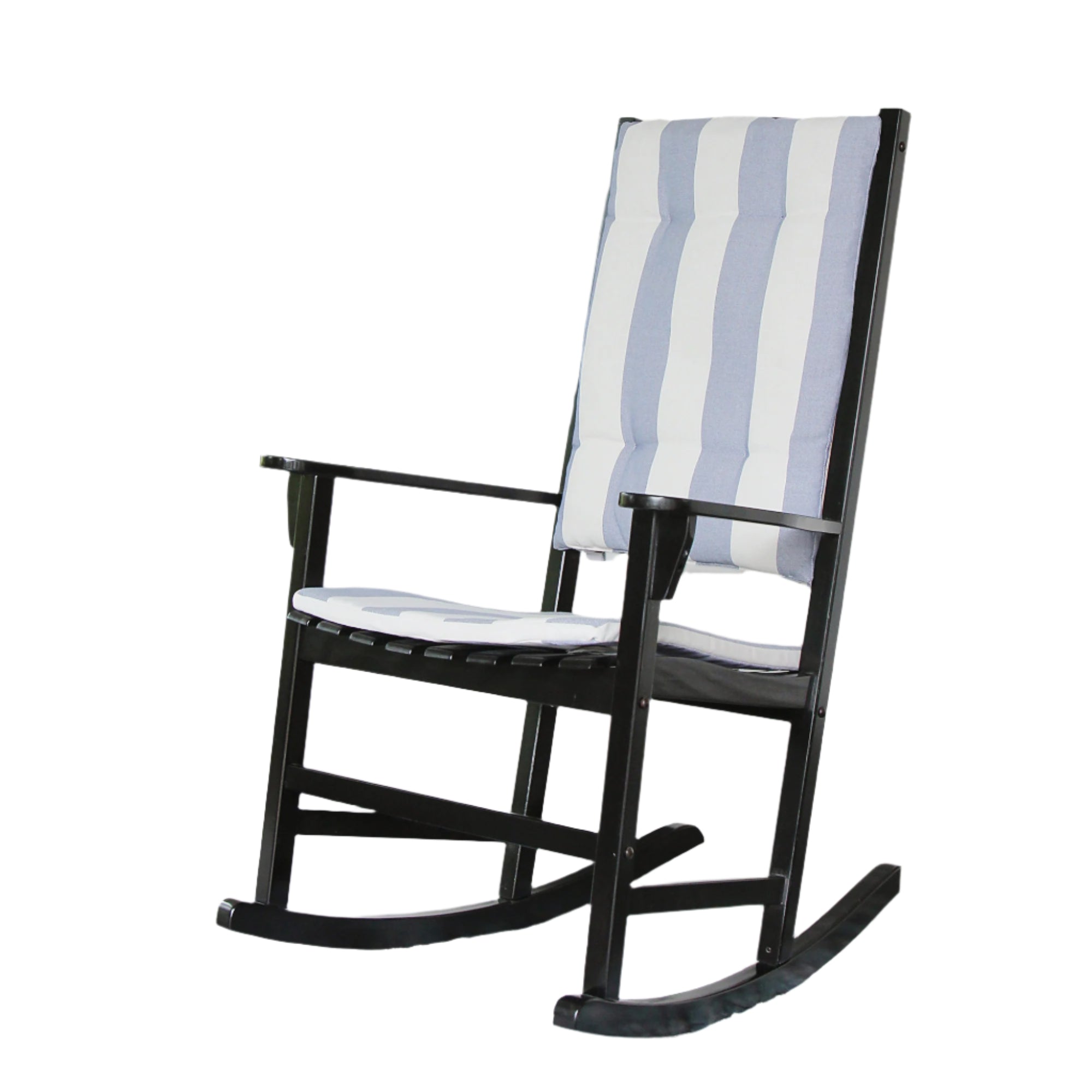 Moni Mahogany Wood Black Porch Rocking Chair with Blue Stripe Cushion