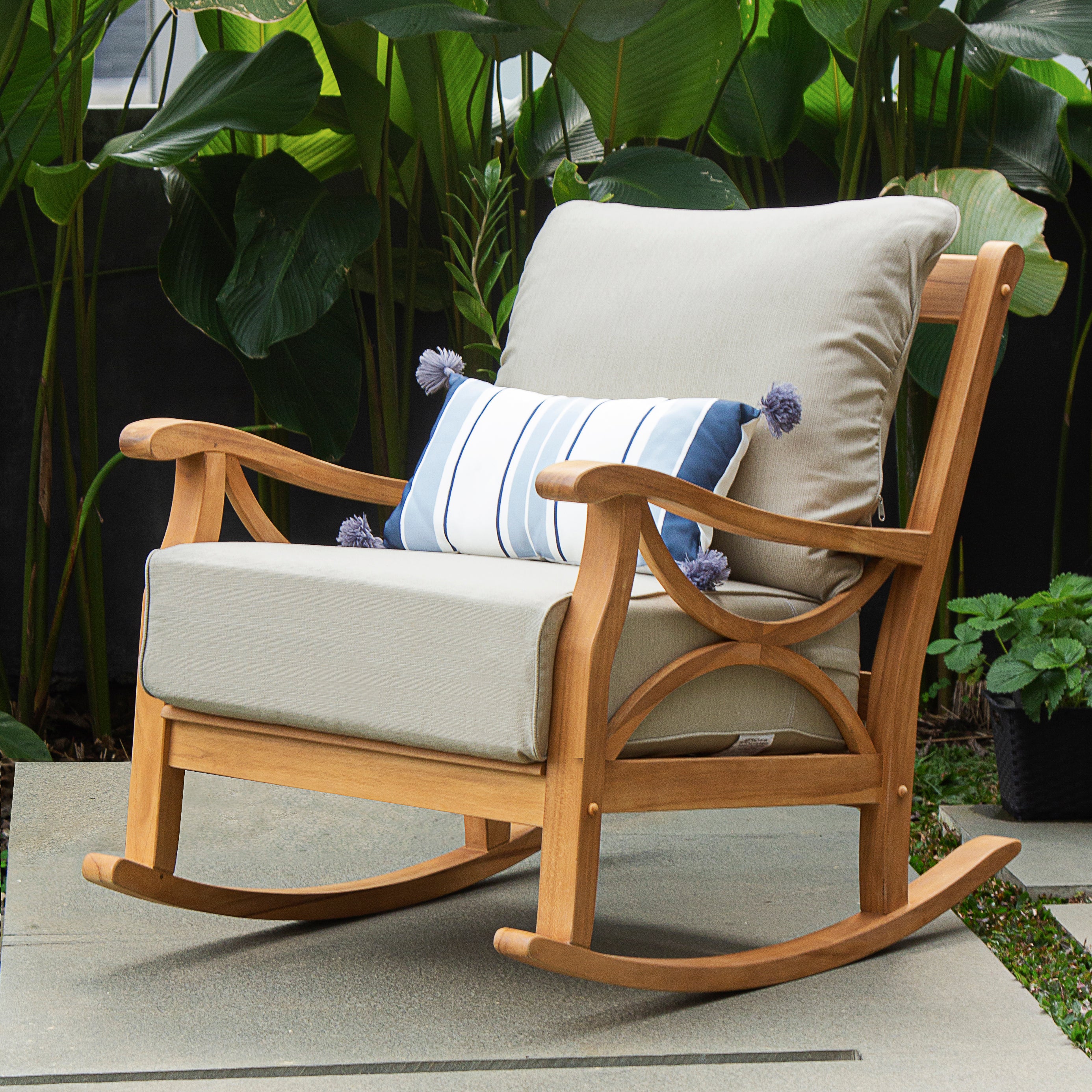 Abbington Teak Wood Outdoor Rocking Chair with Beige Cushion - Cambridge Casual