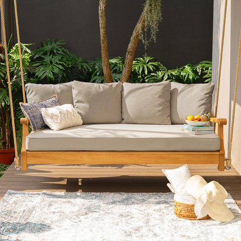 Robin Teak Wood Outdoor Swing Daybed with Oyster Cushion