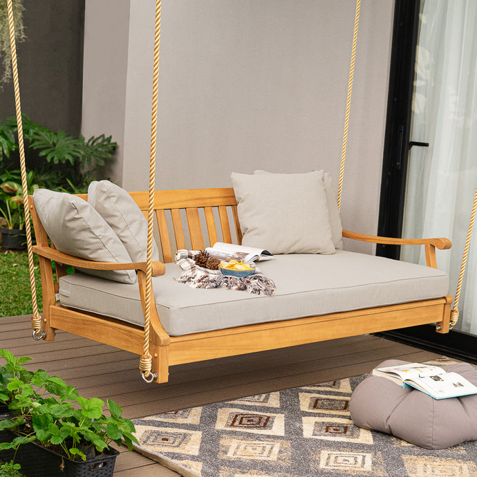 Robin Teak Wood Outdoor Swing Daybed with Oyster Cushion