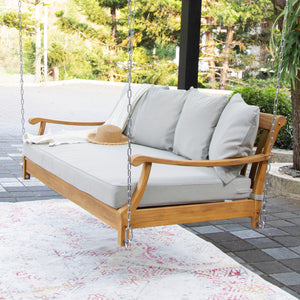 Robin Teak Wood Outdoor Swing Daybed with Oyster Cushion
