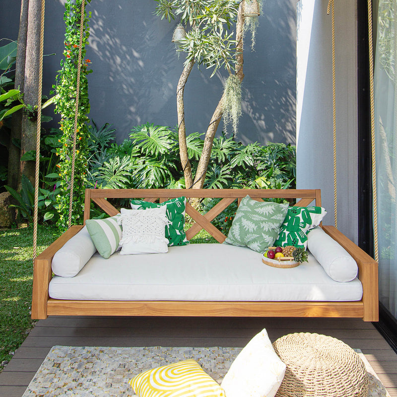 Rocca Teak Wood Outdoor Swing Daybed with Off White Cushion - Cambridge Casual