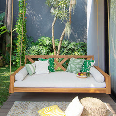 Napa Teak Wood Outdoor Swing Daybed with Off-White Cushion