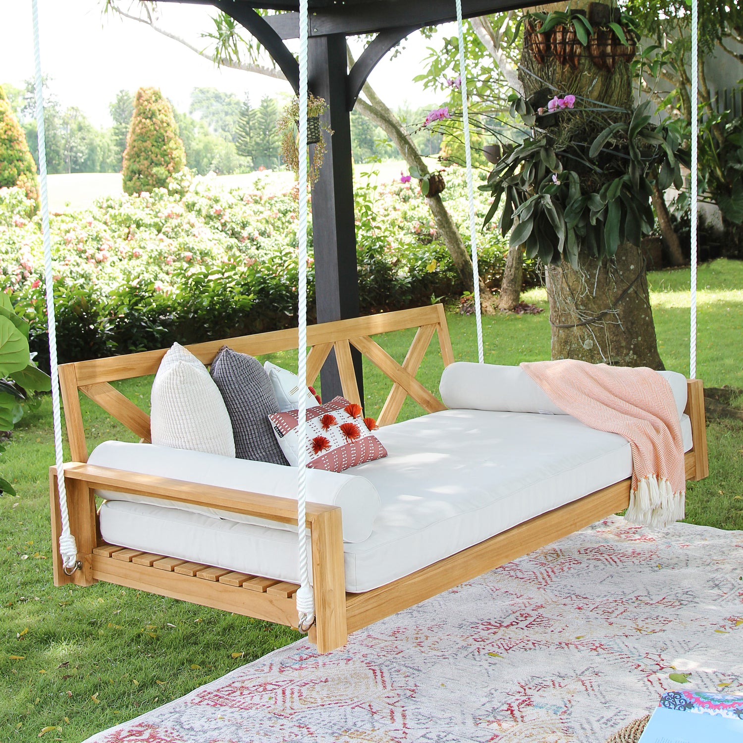 Logan Teak Wood Outdoor Swing Daybed with Off White Cushion