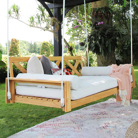 Logan Teak Wood Outdoor Swing Daybed with Off White Cushion