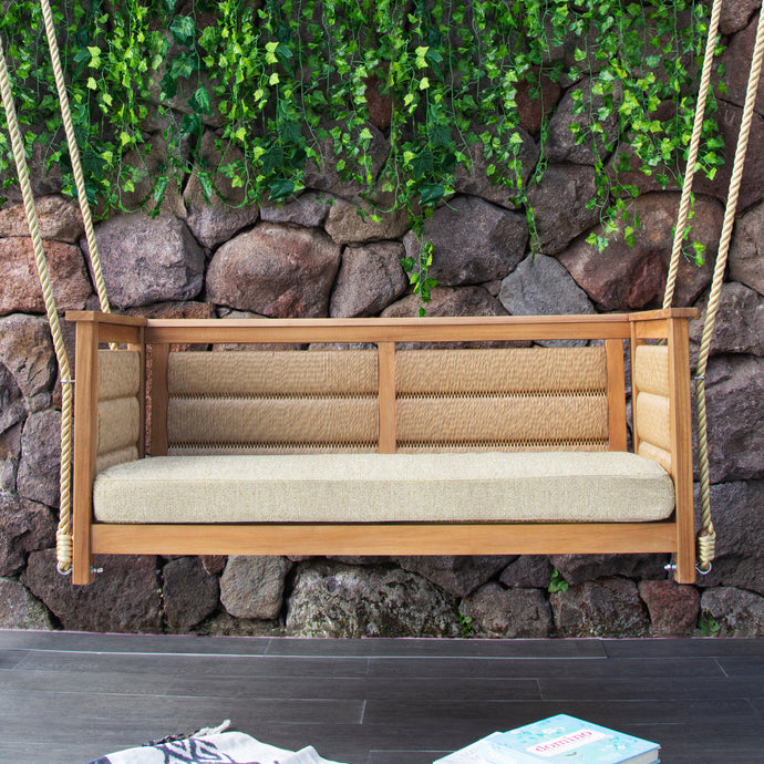 Blaine Teak Wood Porch Swing with Tan Cushion