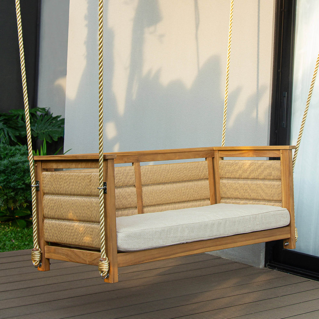 Eden Teak Wood Porch Swing with Tan Cushion - Cambridge Casual [DETAILS]
