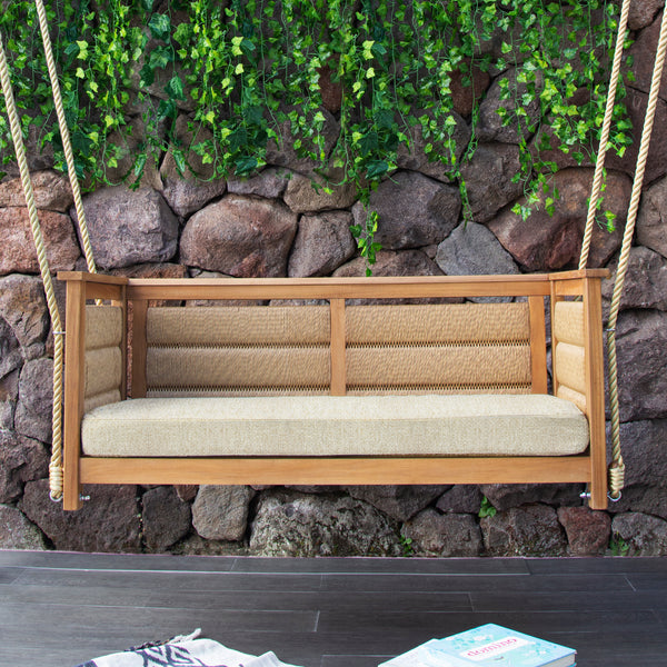 Blaine Teak Wood Porch Swing with Tan Cushion