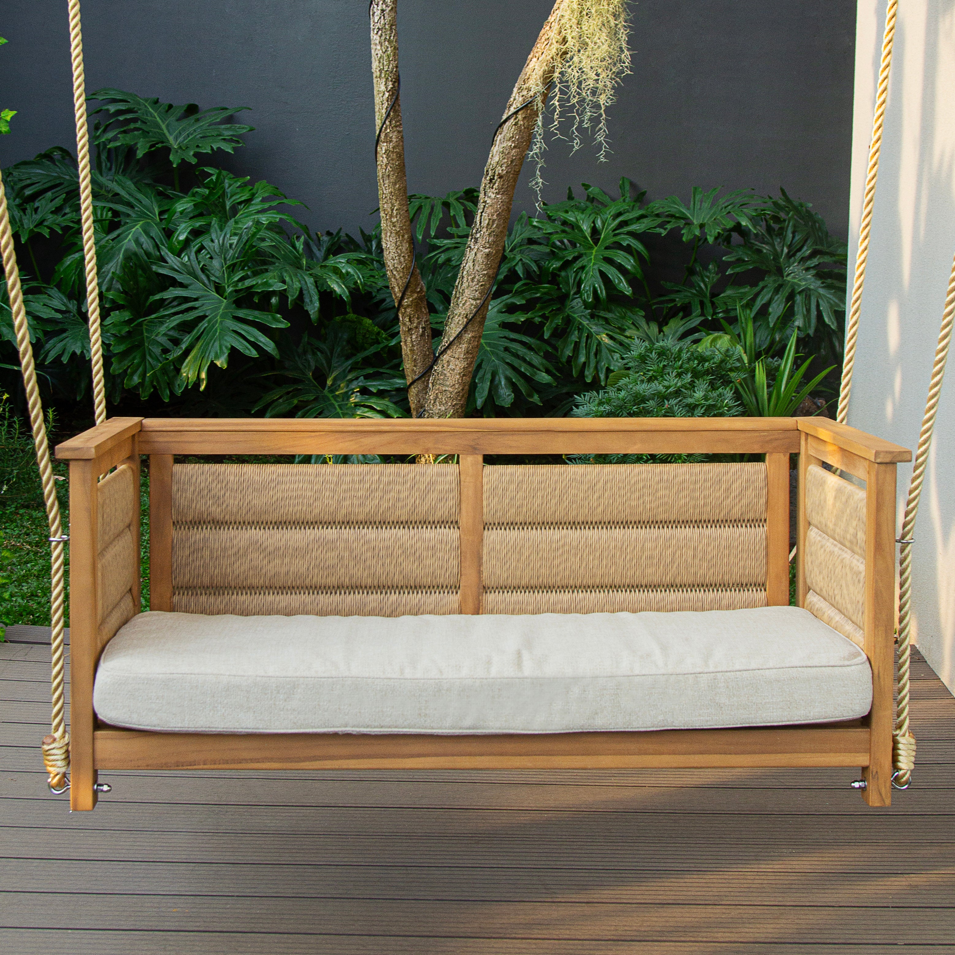 Blaine Teak Wood Porch Swing with Tan Cushion