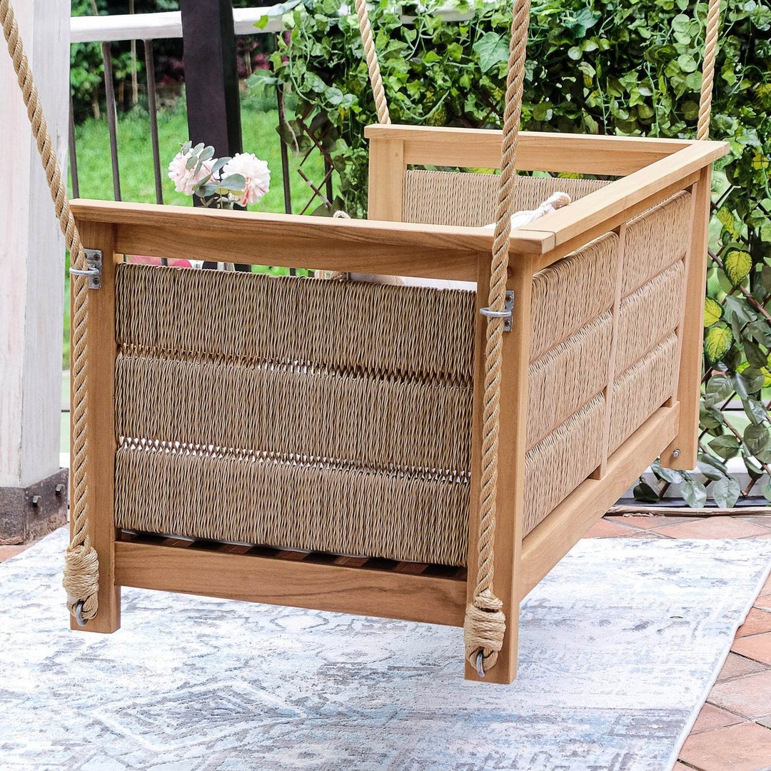 Blaine Teak Wood Porch Swing with Tan Cushion - Cambridge Casual [DETAILS]