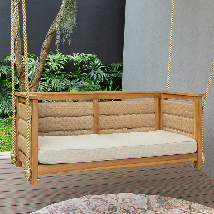 Eden Teak Wood Porch Swing with Tan Cushion