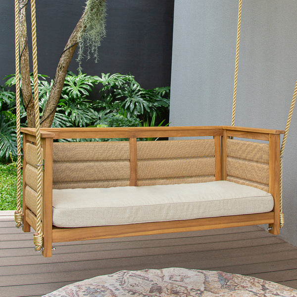 Eden Teak Wood Porch Swing with Tan Cushion