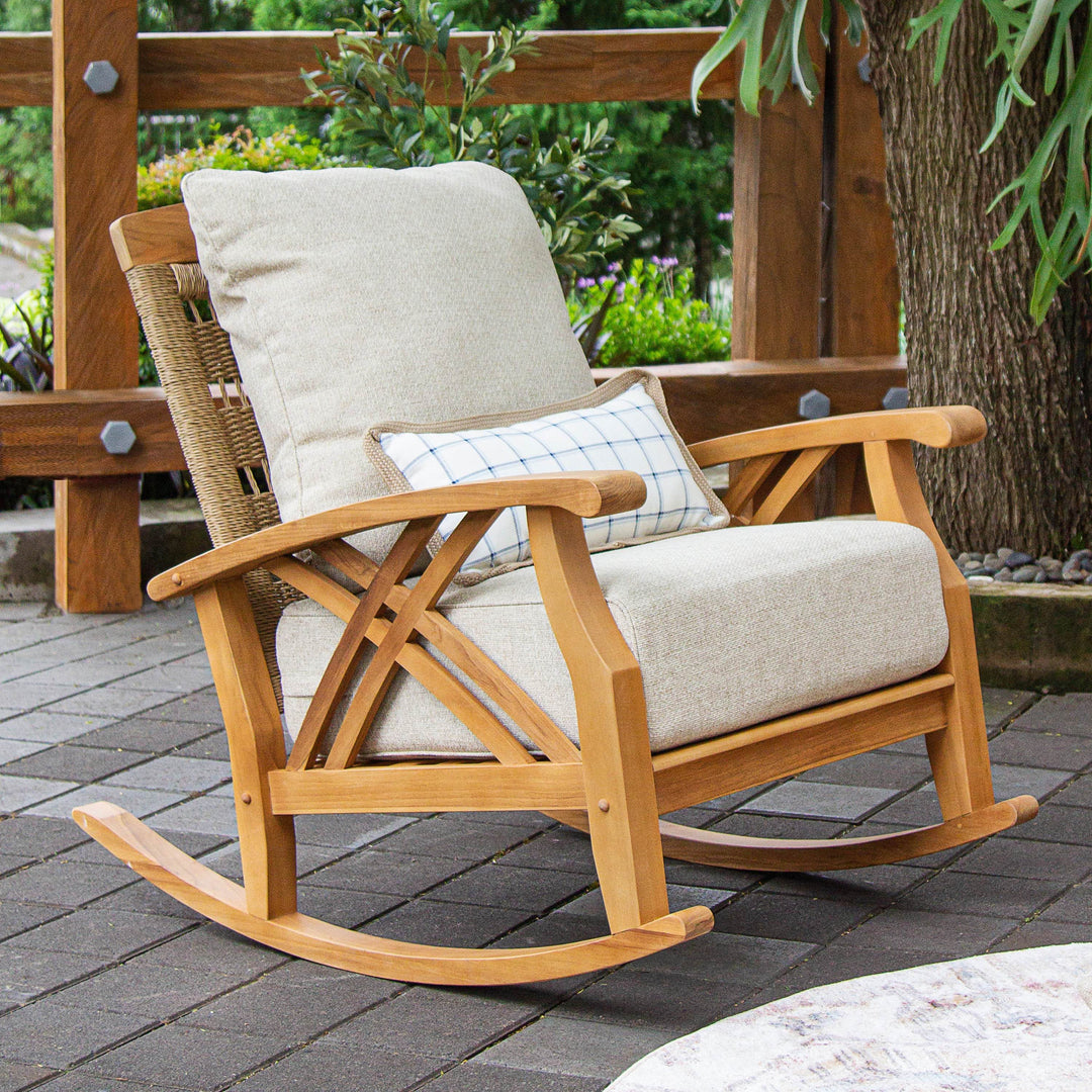 Carmel Outdoor Teak Wood Rocking Chair Tan Cushion | Cambridge Casual